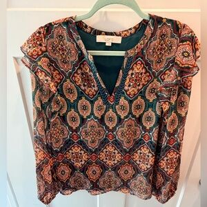 LOFT Boho Medallion Print Blouse Small Flutter Sleeve Split Neck Top